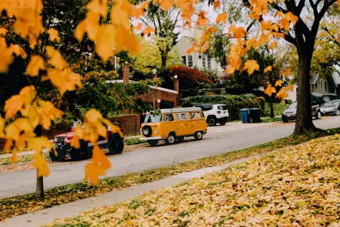 Herbstliche Reiseziele in Europa mit dem Auto: Ein gelber VW-Bus und ein Jeep parken auf einer Straße, gesäumt von bunten Herbstblättern.