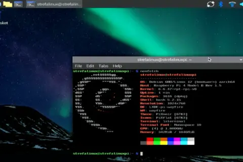Terminal na Raspberry Pi z systemem Raspberry Pi OS, wyświetlający informacje o systemie za pomocą neofetch.