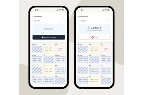 Schermate di un'app per timbrature: una mostra il cronometro a zero, l'altra con 3 ore registrate.
