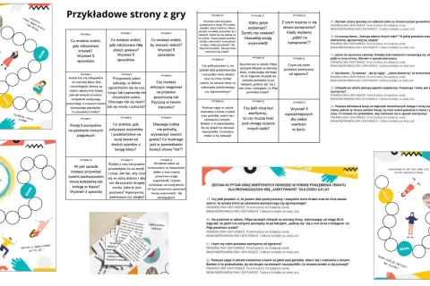 Plansza z pytaniami do gry "Przykładowe strony z gry", która pomaga w treningu asertywności ćwiczenia.