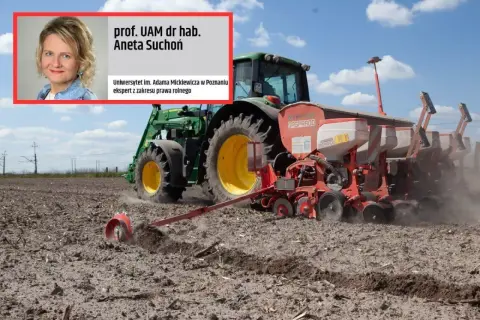 Aktywny rolnik w akcji! Zielony traktor z siewnikiem Gaspardo orze pole. W rogu zdjęcie prof. Anety Suchoń, ekspertki prawa rolnego.