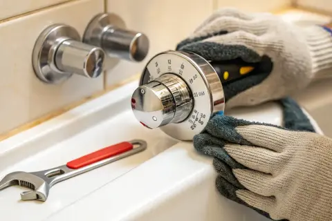 Main d'un bricoleur en gant essayant de réparer un robinet thermostatique bloqué chaud, avec une clé à molette à proximité.