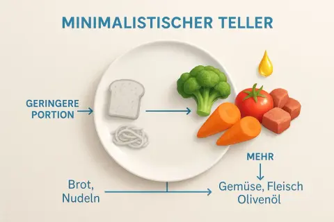 Minimalistyczny talerz: mniej chleba i makaronu, więcej warzyw, mięsa i oliwy. To zasada diety low carb.