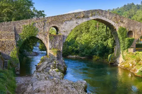 El puente del Sella, de piedra y cubierto de vegetación, cruza un río de aguas verdes rodeado de árboles frondosos.