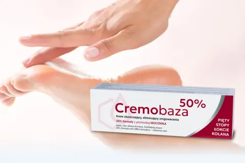 Cremobaza 50% – krem złuszczający na zrogowacenia. Skóra stóp, pięt, łokci i kolan staje się gładka.