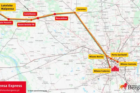 Trasa Malpensa Express: Lotnisko Malpensa, Castellanza, Busto Arsizio FN, Milano Bovisa, Porta Garibaldi, Milano Centrale, Milano Cadorna.