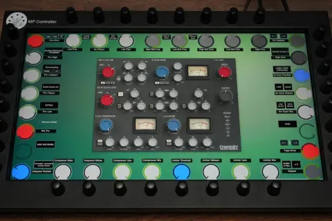 A digital audio workstation screen displays various Analog Obsession plugins, including EQ, compressor, de-esser, and tape drive modules.