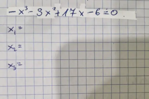 Równanie -x³-3x²+17x-6=0. Obliczanie pierwiastków x₁, x₂, x₃, zgodnie z twierdzeniem Bezouta.