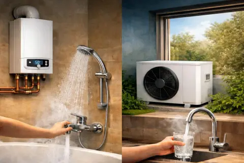 Sistema de aerotermia con radiadores: agua caliente para tu ducha y un vaso refrescante. Eficiencia y confort en tu hogar.