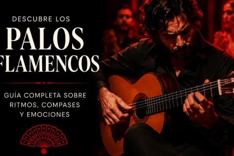 Un guitarrista flamenco toca con pasión, explorando los 10 palos del flamenco. Una guía completa sobre ritmos, compases y emociones.