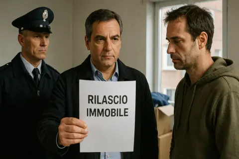Uomo mostra foglio "RILASCIO IMMOBILE" a un altro uomo, mentre un poliziotto osserva. Situazione di sfratto senza contratto.