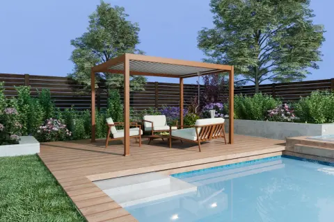 Pergola addossata in alluminio fai da te, con arredi da esterno e piscina.