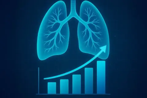 Blaue Lungen über einem steigenden Balkendiagramm mit Pfeil. Die Grafik deutet auf Fortschritte hin, die Hoffnung geben, dass man Lungenkrebs heilen kann.