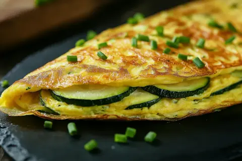 Ein goldbraunes Zucchinio-Omelett, gefüllt mit Scheiben von Zucchini und garniert mit Schnittlauch.