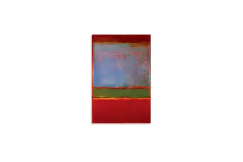 Abstract painting no. 6 (violet, green and red) features soft, rectangular blocks of color: deep red at the top and bottom, a vibrant green in the middle, and a hazy blue-violet in between.