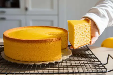Una fetta di torta allo yogurt, soffice e dorata, viene sollevata da una tortiera intera.