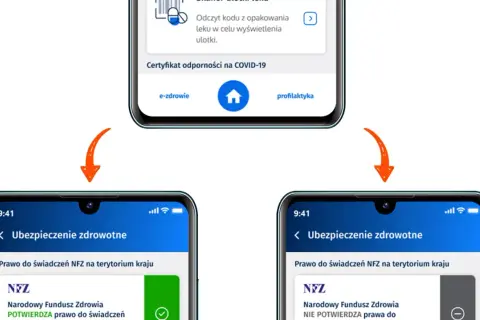 Aplikacja pokazuje, jak sprawdzić przynależność do NFZ. Jedno okno potwierdza prawo do świadczeń, drugie informuje o braku.