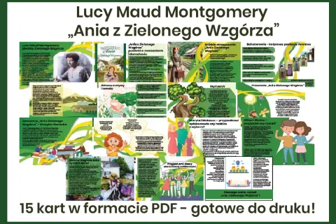 Kolorowa grafika z fragmentami tekstu i ilustracjami z książki "Ania z Zielonego Wzgórza".