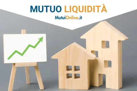 Modelli di case in legno e grafico in crescita verde su cavalletto. Mutuo liquidità per investimenti immobiliari.
