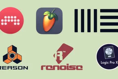 Logos von Musikproduktionsprogrammen: Ableton, FL Studio, Cubase, Reason, Renoise, Logic Pro X.
