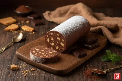 Salame di cioccolato ricetta con cacao, cosparso di zucchero a velo, su tagliere di legno. Biscotti, cioccolato e menta completano la scena.