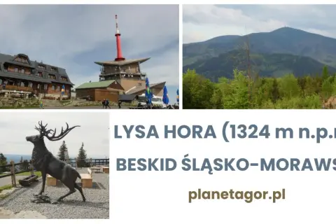 Łysa Hora, Beskid Śląsko-Morawski: budynek, wieża, krajobraz górski, rzeźba jelenia.