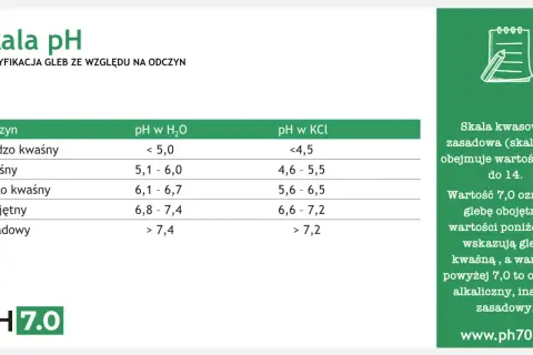 Tabela pokazuje, jak sprawdzić pH gleby. Klasyfikuje odczyny gleby od bardzo kwaśnego do zasadowego, podając wartości pH w H₂O i KCl.