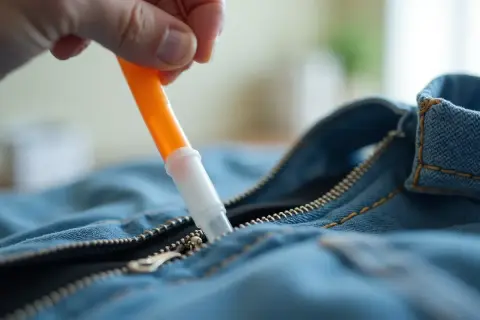 Dłoń z pomarańczowym aplikatorem, jak naprawić zamek w kurtce słomką.