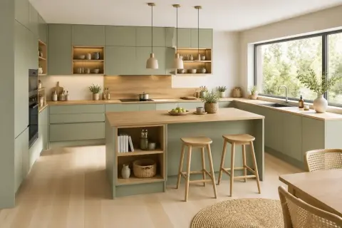 Cuisine vert d'eau et bois, avec îlot central, tabourets et vaisselle. Un espace lumineux et naturel pour cuisiner.