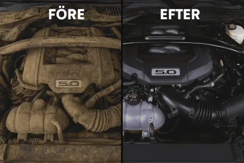 Före och efter-bild på en smutsig och en ren motor. Synliga motorns delar, inklusive "5.0"-emblemet, visar en dramatisk skillnad.