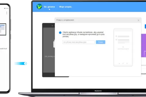 Połączenie telefonu z komputerem przez HiSuite. Na telefonie kod 72863251, na laptopie okno do wpisania kodu.