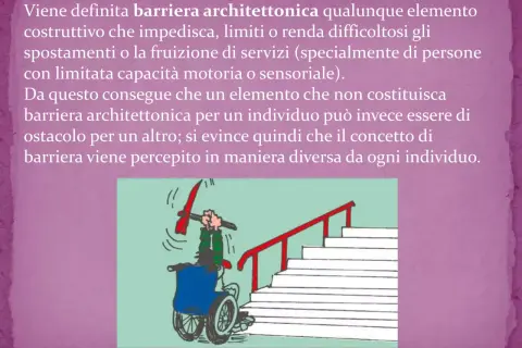 Persona in sedia a rotelle cerca di superare una scala, un esempio di barriere architettoniche.
