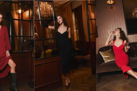Eleganckie stylizacje na półmetek: czerwona sukienka z kozakami, czarna sukienka z rękawiczkami i czerwona sukienka z winogronami.