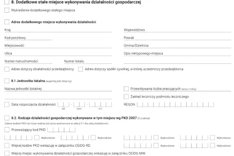 Fragment formularza CEIDG dotyczący dodatkowych miejsc wykonywania działalności gospodarczej i kodów PKD.