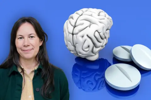 Kvinna bredvid en hjärna och piller, som symboliserar SSRI mediciner.