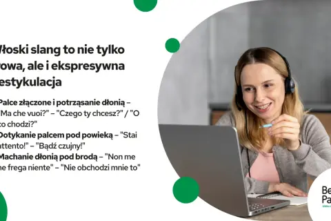 Kobieta z zestawem słuchawkowym uśmiecha się, ucząc włoskich gestów i słów. Włoski slang to nie tylko parole, ale i ekspresywna gesticulacja.