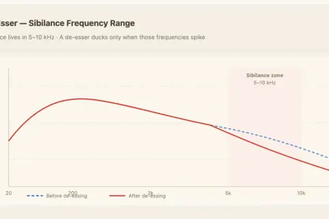 Graph showing sibilance frequency range (5-10 kHz) and how a free deesser plugin reduces it.