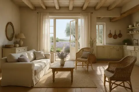 Przytulny styl prowansalski salon z widokiem na pola lawendy. Jasna sofa, wiklinowe fotele i drewniane belki tworzą sielską atmosferę.