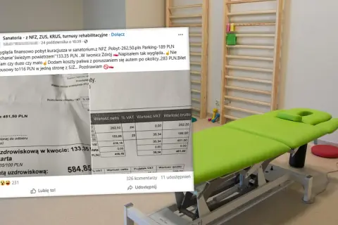 Faktura z sanatorium: pobyt 133,35 PLN, parking 189 PLN, paliwo 116 PLN. Całkowity koszt pobytu w sanatorium to 584,85 PLN.