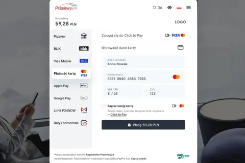 Płatność kartą 59,28 PLN na Przelewy24. Zapisz dane w Click to Pay, by ułatwić przyszłe transakcje. Czy masterpass co to? To system płatności.