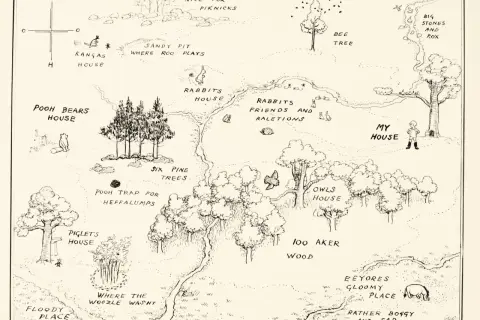 Mapa Stu Akrowego Lasu z Kubusiem Puchatkiem i przyjaciółmi. Znajdują się tu domy Kubusia, Prosiaczka, Królika, Kłapouchego, a także miejsca takie jak "Piaskownica, gdzie bawi się Kangurzyca" czy "Pułapka na Puchatki".