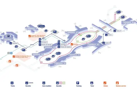 Plan de l'aéroport Roissy-CDG montrant les terminaux, les navettes, les trains RER B et les hôtels. La distance Roissy Paris centre est indiquée.