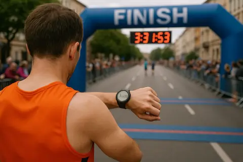 Coureur regardant sa montre avant de franchir la ligne d'arrivée, prêt à battre son record 10km.