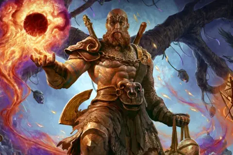 Potężny barbarzyńca z Diablo 4, emanujący mocą, tworzy ognistą kulę. Jego zbroja i broń sugerują idealny diablo 4 barbarzyńca build.