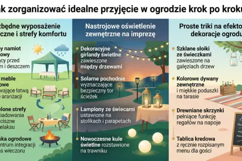 Namiot, girlandy, pochodnie, słoiki ze świecami i dywany tworzą idealną atmosferę na wieczorną imprezę pod namiotem w ogrodzie.
