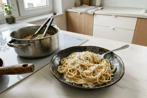 Gotowy do podania talerz spaghetti cacio e pepe, obok garnek z makaronem. Prosty przepis na pyszny obiad.
