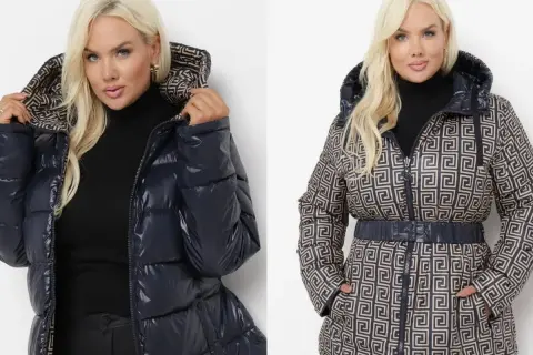Dwie modne kurtki plus size: błyszcząca granatowa i wzorzysta z paskiem.