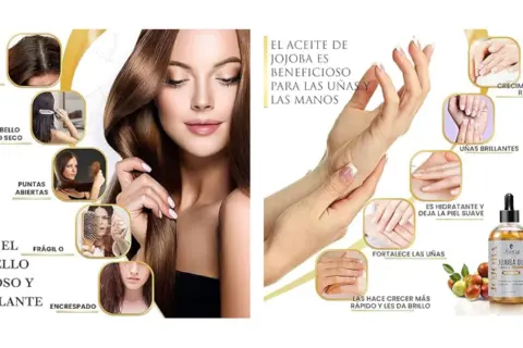 El aceite de jojoba propiedades: mejora el cabello seco, puntas abiertas, caspa, y fortalece uñas, dejándolas suaves y brillantes.
