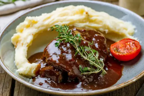 Pyszny schab w sosie własnym, podany z kremowym purée ziemniaczanym i pieczonym pomidorkiem.