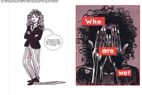 Contemporary feminist art: a woman with curly hair in a suit speaks of mirrors, while another figure hides their face behind hands, with text asking "Who are we?".